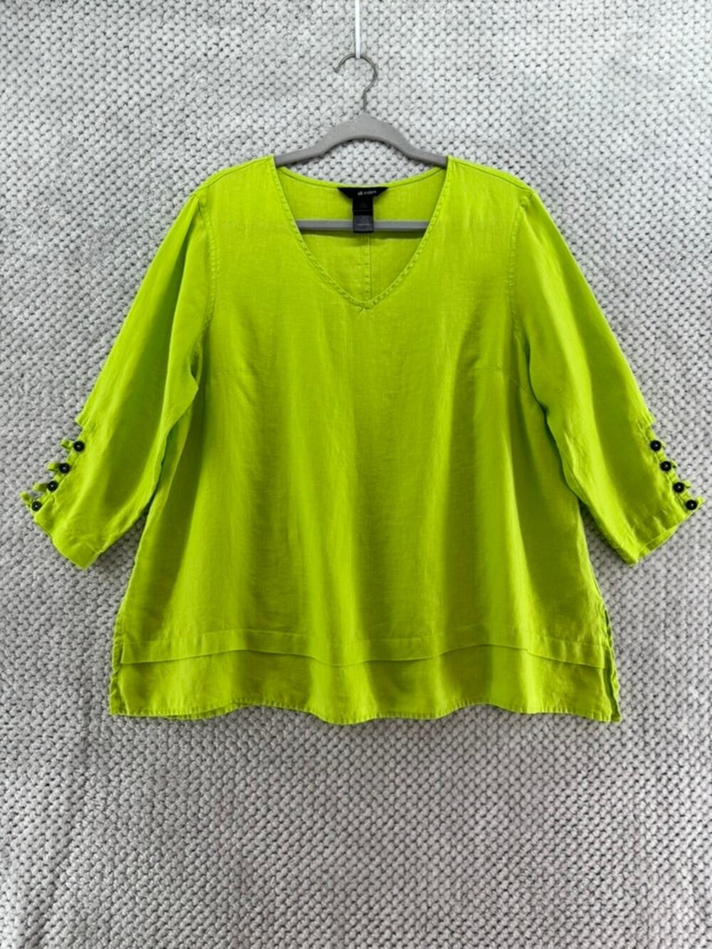 ali miles Tunic Top Womens L Green 100% Linen V-Neck 3/4 Sleeve